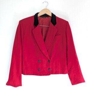 Vintage Wool Red Cropped Blazer Double Breasted with Black Velvet Collar